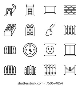 thin line icon set : greate wall, building, fence, brick, arch window, construction, watch, power socket, switch, farm
