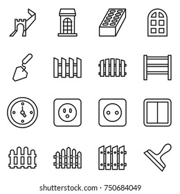 thin line icon set : greate wall, building, brick, arch window, construction, fence, rack, watch, power socket, switch, scraper