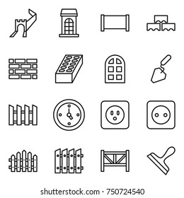 thin line icon set : greate wall, building, fence, block, brick, arch window, construction, watch, power socket, farm, scraper