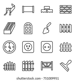 thin line icon set : greate wall, fence, block, brick, arch window, construction, watch, power socket, farm, scraper