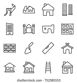 thin line icon set : greate wall, project, home, skyscrapers, skyscraper, minaret, slum, modular house, brick, construction, level, bungalow, stairs