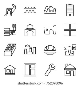 thin line icon set : greate wall, bridge, project, skyscraper, mall, minaret, slum, window, brick, city, building helmet, architector, home, wrench, house