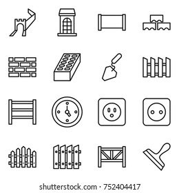 thin line icon set : greate wall, building, fence, block, brick, construction, rack, watch, power socket, farm, scraper