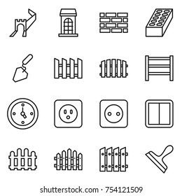 thin line icon set : greate wall, building, brick, construction, fence, rack, watch, power socket, switch, scraper