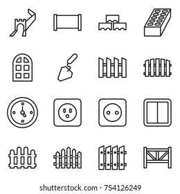 thin line icon set : greate wall, fence, block, brick, arch window, construction, watch, power socket, switch, farm