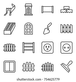 thin line icon set : greate wall, building, fence, block, brick, arch window, construction, rack, power socket, switch, scraper