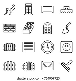 thin line icon set : greate wall, building, fence, block, brick, arch window, construction, rack, watch, power socket, farm, scraper