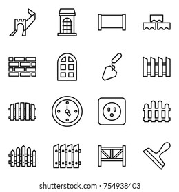 thin line icon set : greate wall, building, fence, block, brick, arch window, construction, watch, power socket, farm, scraper