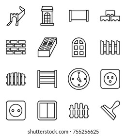 thin line icon set : greate wall, building, fence, block, brick, arch window, rack, watch, power socket, switch, scraper