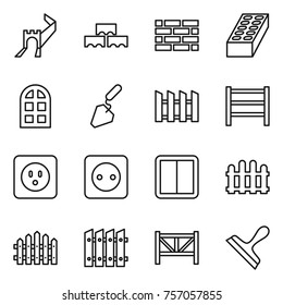 Thin line icon set : greate wall, block, brick, arch window, construction, fence, rack, power socket, switch, farm, scraper
