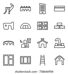 Thin line icon set : greate wall, bridge, skyscraper, bunker, slum, hangare, panel house, block, architector, bungalow, water tap, window, stairs, barn