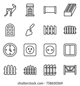 Thin line icon set : greate wall, building, fence, brick, arch window, construction, watch, power socket, switch, farm