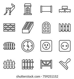 Thin line icon set : greate wall, building, fence, block, brick, arch window, watch, power socket, farm, scraper