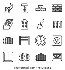 Thin line icon set : greate wall, building, block, brick, arch window, construction, fence, rack, watch, power socket, switch, farm
