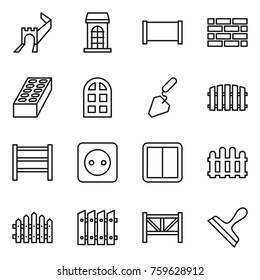 Thin line icon set : greate wall, building, fence, brick, arch window, construction, rack, power socket, switch, farm, scraper