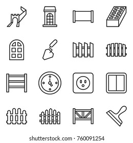 Thin line icon set : greate wall, building, fence, brick, arch window, construction, rack, watch, power socket, switch, farm, scraper