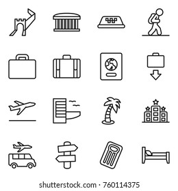 Thin line icon set : greate wall, airport building, taxi, tourist, suitcase, passport, baggage get, departure, hotel, palm, transfer, signpost, inflatable mattress, bed