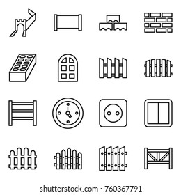 Thin line icon set : greate wall, fence, block, brick, arch window, rack, watch, power socket, switch, farm