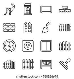 Thin line icon set : greate wall, building, fence, block, brick, arch window, construction, watch, power socket, switch, farm, scraper