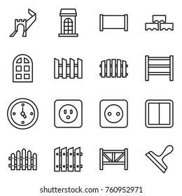 Thin line icon set : greate wall, building, fence, block, arch window, rack, watch, power socket, switch, farm, scraper