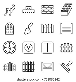 Thin line icon set : greate wall, block, brick, arch window, construction, fence, rack, watch, power socket, switch, farm, scraper