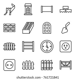 Thin line icon set : greate wall, building, fence, block, brick, arch window, construction, rack, watch, power socket, farm