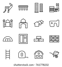 Thin line icon set : greate wall, bridge, skyscrapers, mall, minaret, houses, slum, hangare, window, block, brick, stairs, measuring tape, house, wheelbarrow