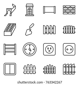 Thin line icon set : greate wall, building, fence, brick, construction, rack, watch, power socket, switch