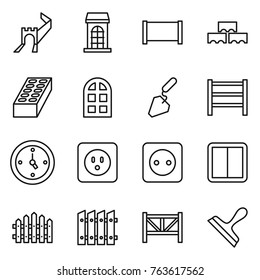 Thin line icon set : greate wall, building, fence, block, brick, arch window, construction, rack, watch, power socket, switch, farm, scraper