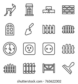 Thin line icon set : greate wall, building, block, brick, arch window, construction, fence, watch, power socket, farm, scraper