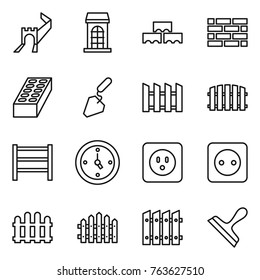 Thin line icon set : greate wall, building, block, brick, construction, fence, rack, watch, power socket, scraper