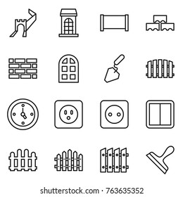 Thin line icon set : greate wall, building, fence, block, brick, arch window, construction, watch, power socket, switch, scraper