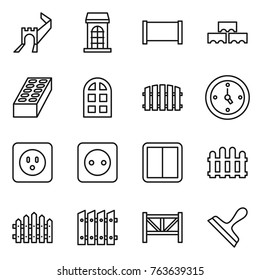 Thin line icon set : greate wall, building, fence, block, brick, arch window, watch, power socket, switch, farm, scraper