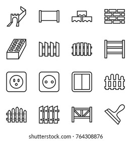 Thin line icon set : greate wall, fence, block, brick, rack, power socket, switch, farm, scraper