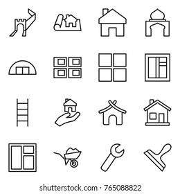Thin line icon set : greate wall, project, home, minaret, hangare, panel house, window, stairs, real estate, bungalow, wheelbarrow, wrench, scraper