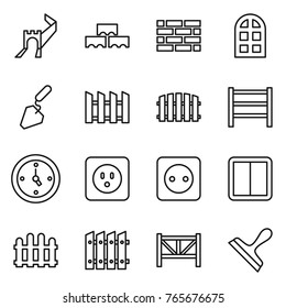 Thin line icon set : greate wall, block, brick, arch window, construction, fence, rack, watch, power socket, switch, farm, scraper