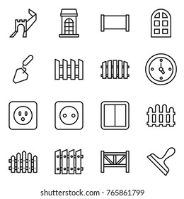 Thin line icon set : greate wall, building, fence, arch window, construction, watch, power socket, switch, farm, scraper