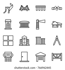 Thin line icon set : greate wall, bridge, drawbridge, building, airport, lighthouse, house with garage, window, district, drawing compasses, antique column, door, farm fence