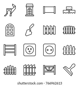 Thin line icon set : greate wall, building, fence, block, arch window, construction, rack, power socket, farm, scraper