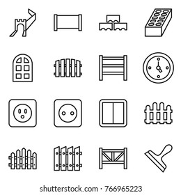 Thin line icon set : greate wall, fence, block, brick, arch window, rack, watch, power socket, switch, farm, scraper
