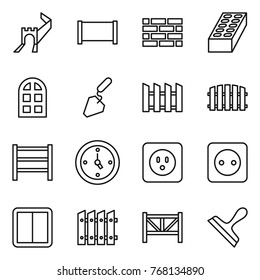 Thin line icon set : greate wall, fence, brick, arch window, construction, rack, watch, power socket, switch, farm, scraper