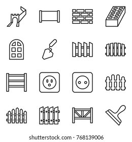 Thin line icon set : greate wall, fence, brick, arch window, construction, rack, power socket, farm, scraper