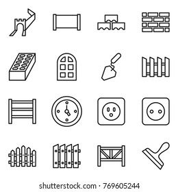 Thin line icon set : greate wall, fence, block, brick, arch window, construction, rack, watch, power socket, farm, scraper