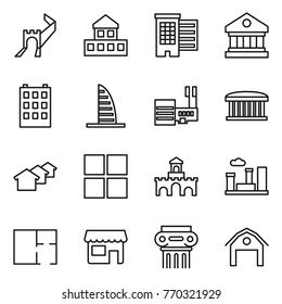 Thin line icon set : greate wall, cottage, houses, library, building, skyscraper, mall, airport, window, fort, city, plan, shop, antique column, barn