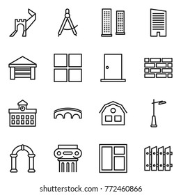Thin line icon set : greate wall, draw compass, skyscrapers, skyscraper, garage, window, door, brick, university, bridge, house, outdoor light, arch, antique column, fence