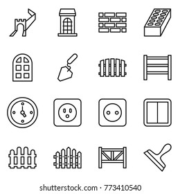 Thin line icon set : greate wall, building, brick, arch window, construction, fence, rack, watch, power socket, switch, farm, scraper