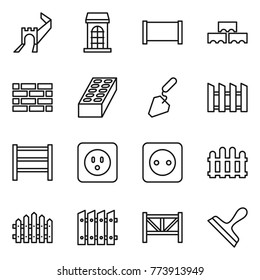 Thin line icon set : greate wall, building, fence, block, brick, construction, rack, power socket, farm, scraper