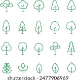 Thin line icon set of green trees in various shapes. Forest, nature, tree concept. Simple icons, flat vector illustrations. Isolated on white, transparent background	
