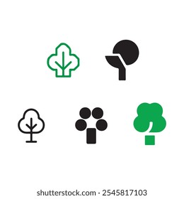 Thin line icon set of green trees in various shapes. Forest, nature, tree concept. Simple icons, flat vector illustrations. Isolated on white, transparent background