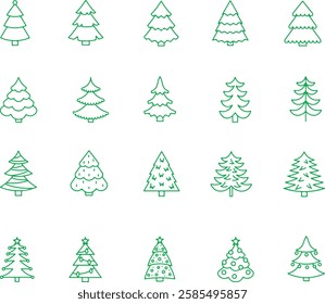 Thin line icon set of green trees in various shapes. Forest, nature, tree, christmas, xmas, winter concept. Simple icons, flat vector illustrations. Isolated on white, transparent background